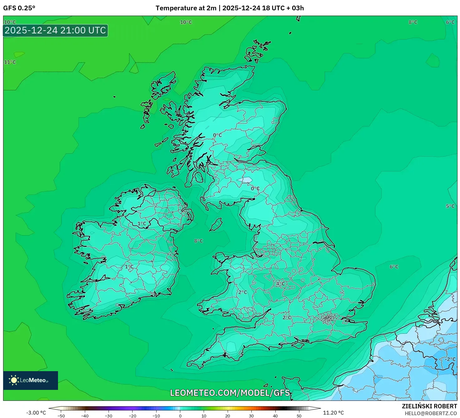 GFS model - United Kingdom, Temperature at 2m