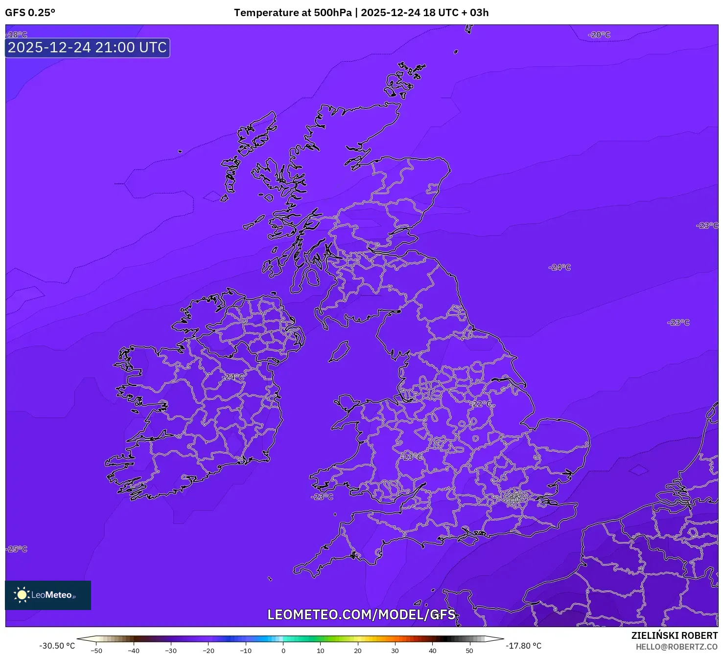GFS model - United Kingdom, Temperature at 500hPa