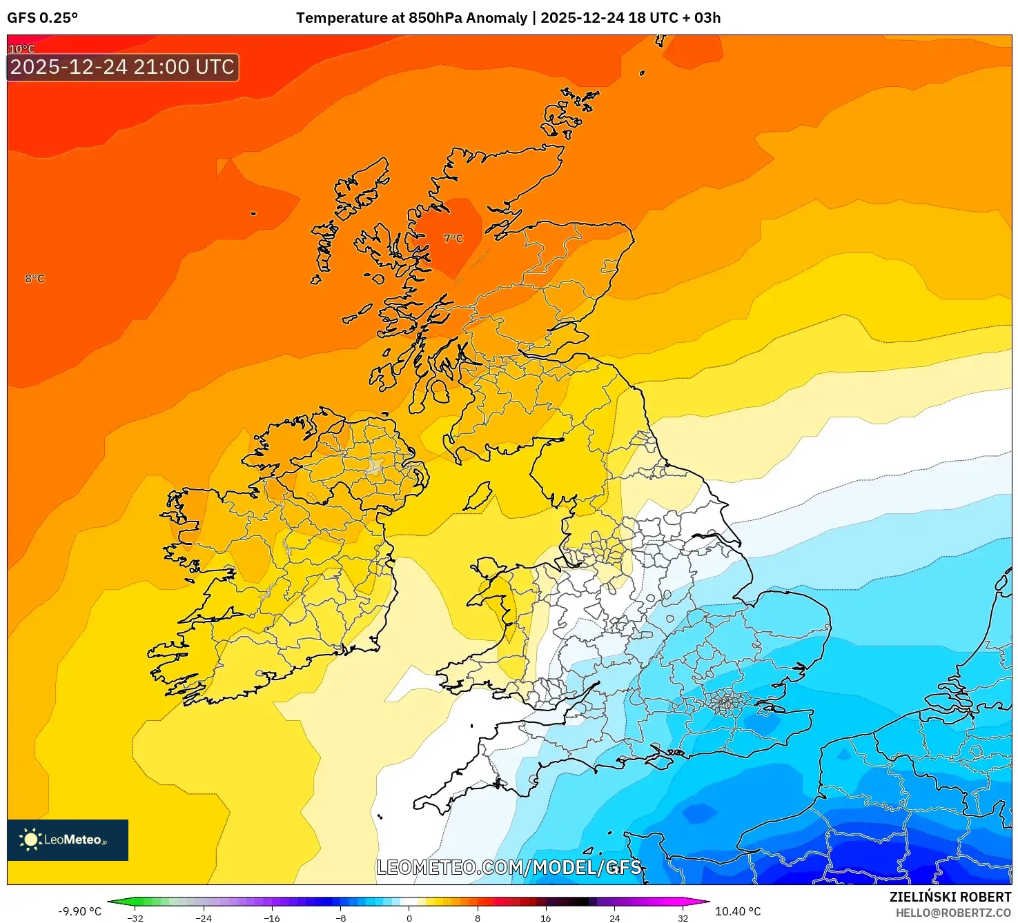 GFS model - United Kingdom, Temperature at 850hPa Anomaly