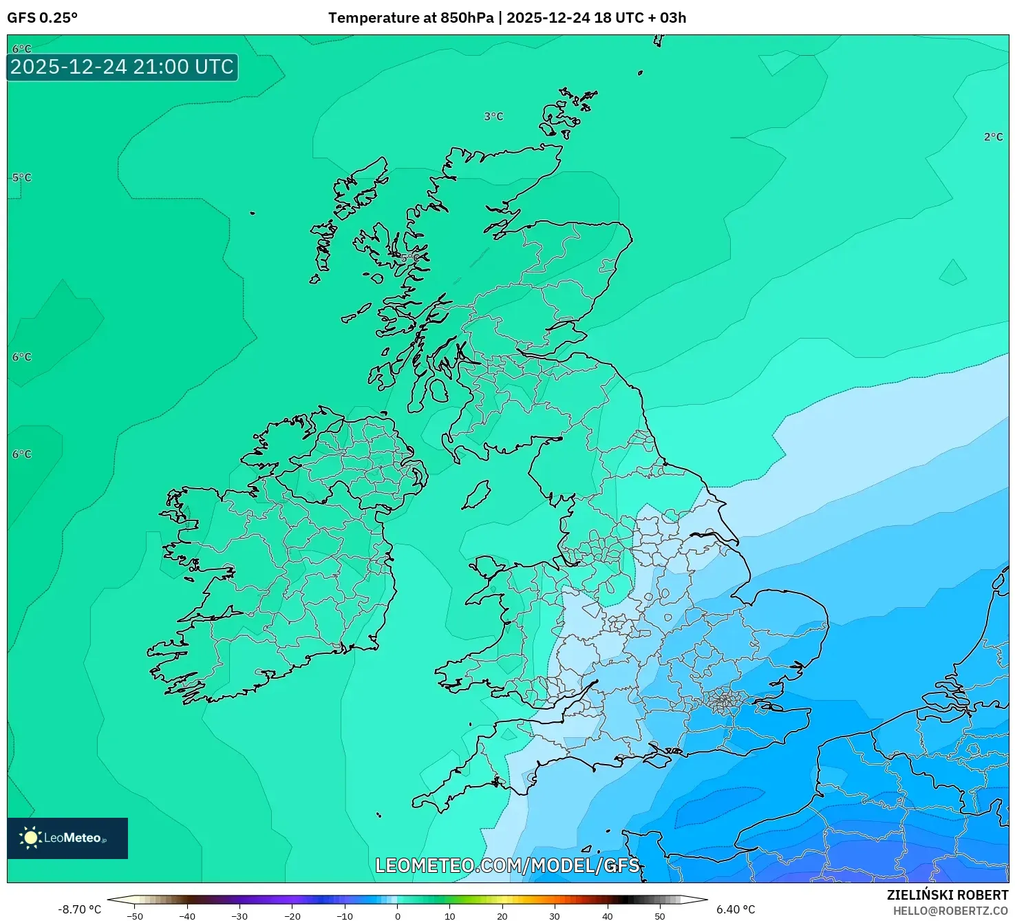 GFS model - United Kingdom, Temperature at 850hPa