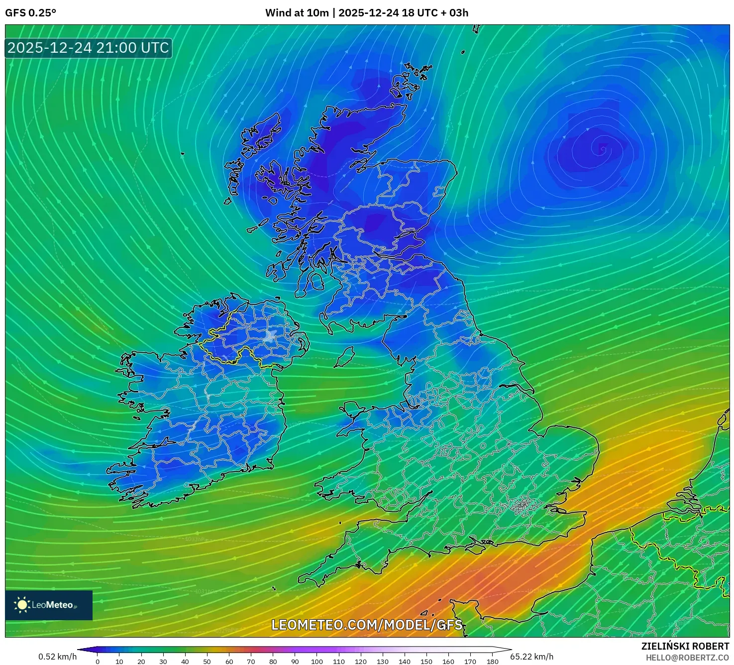GFS model - United Kingdom, Wind at 10m