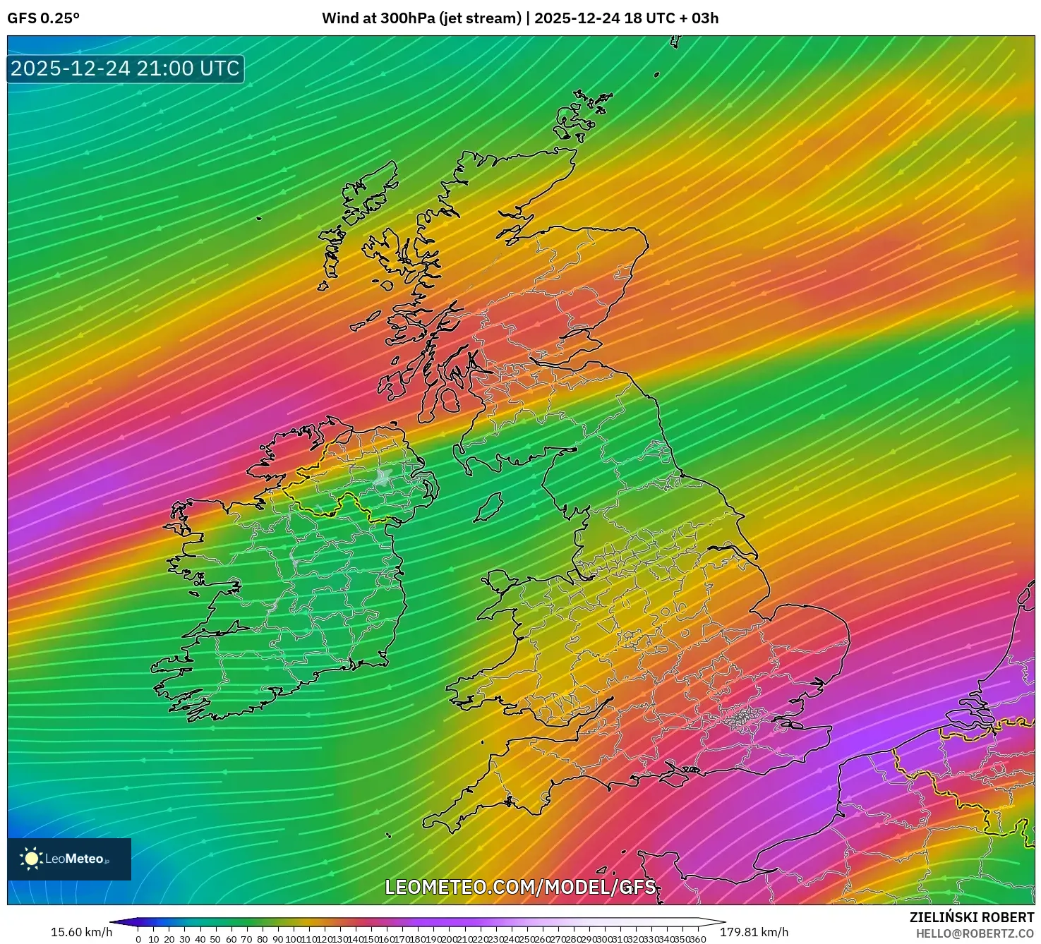 GFS model - United Kingdom, Wind at 300hPa (jet stream)