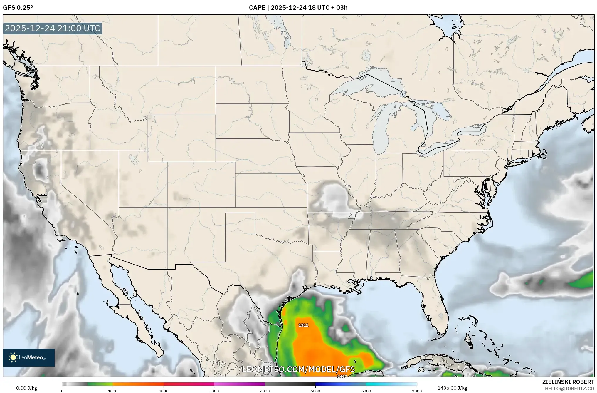 GFS model - United States, CAPE