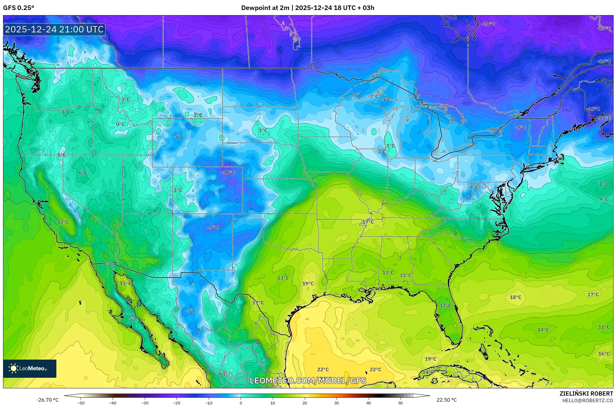 GFS model - United States, Dewpoint at 2m