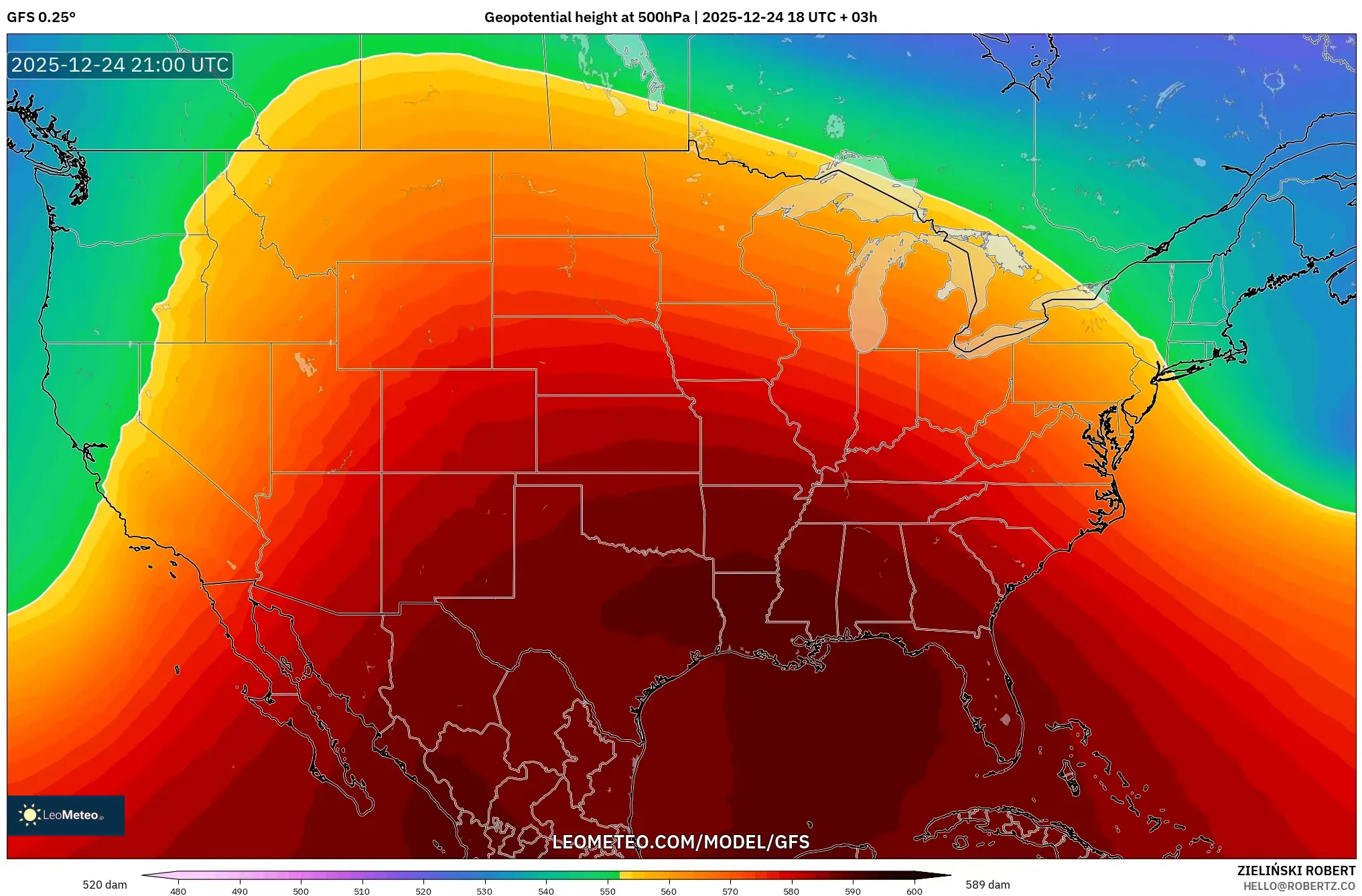 GFS model - United States, Geopotential height at 500hPa