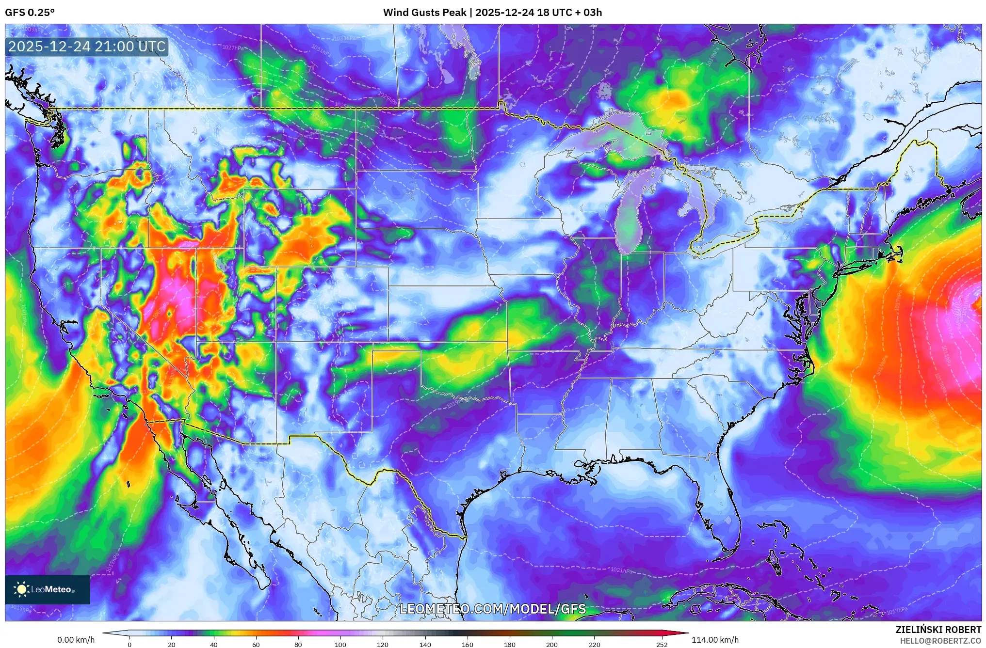 GFS model - United States, Wind Gusts Peak