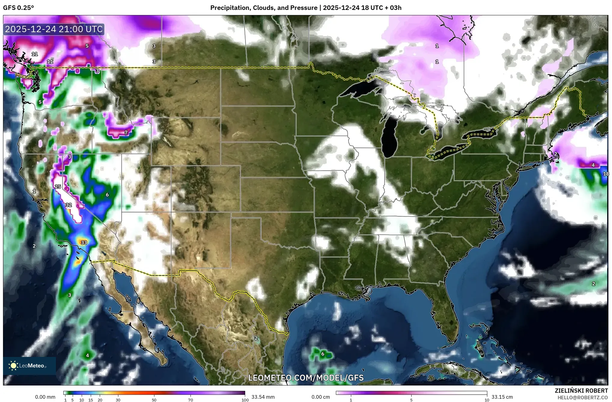 GFS model - United States, Precipitation, Clouds, and Pressure