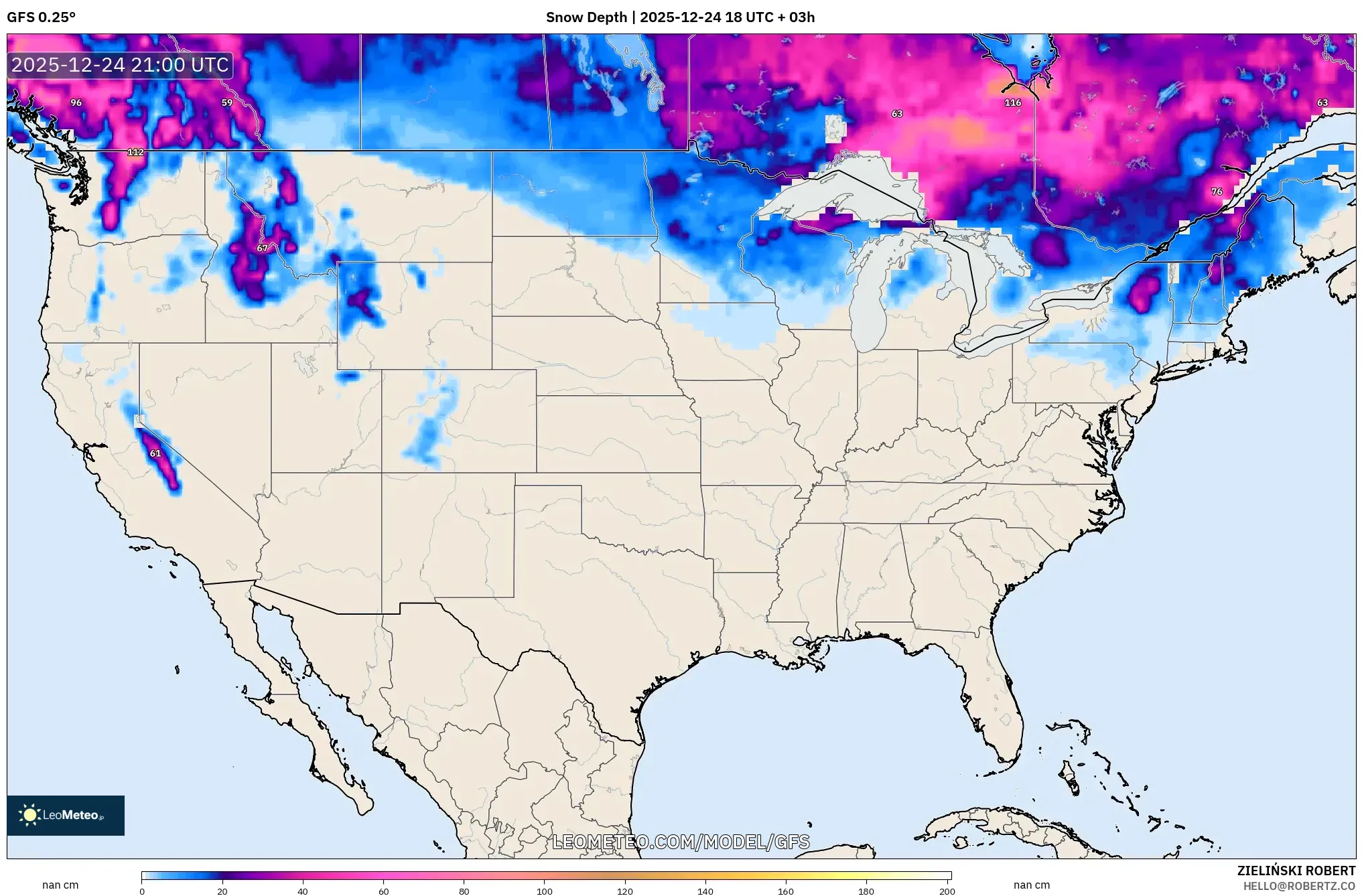 GFS model - United States, Snow Depth
