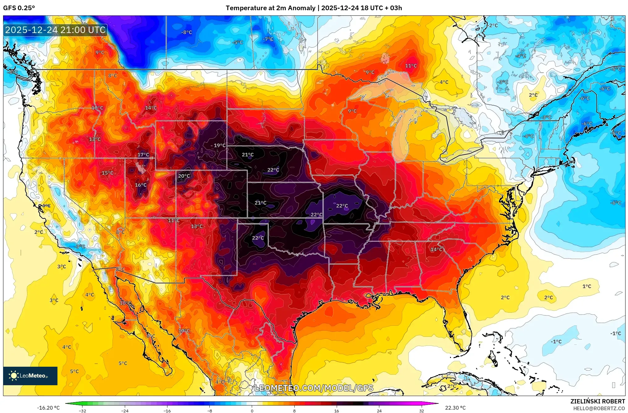 GFS model - United States, Temperature at 2m Anomaly