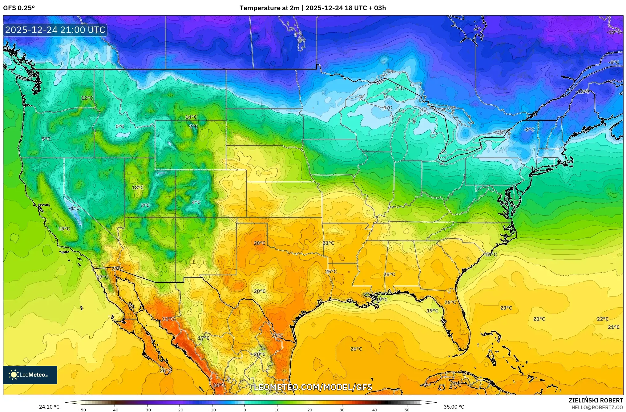 GFS model - United States, Temperature at 2m