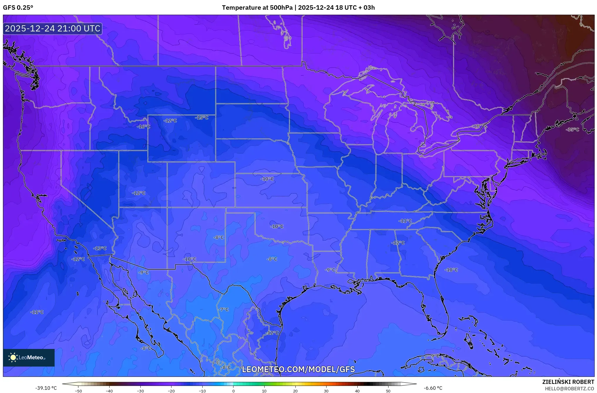 GFS model - United States, Temperature at 500hPa