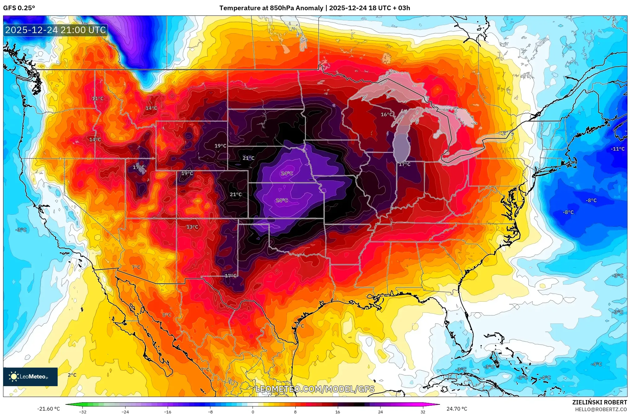 GFS model - United States, Temperature at 850hPa Anomaly
