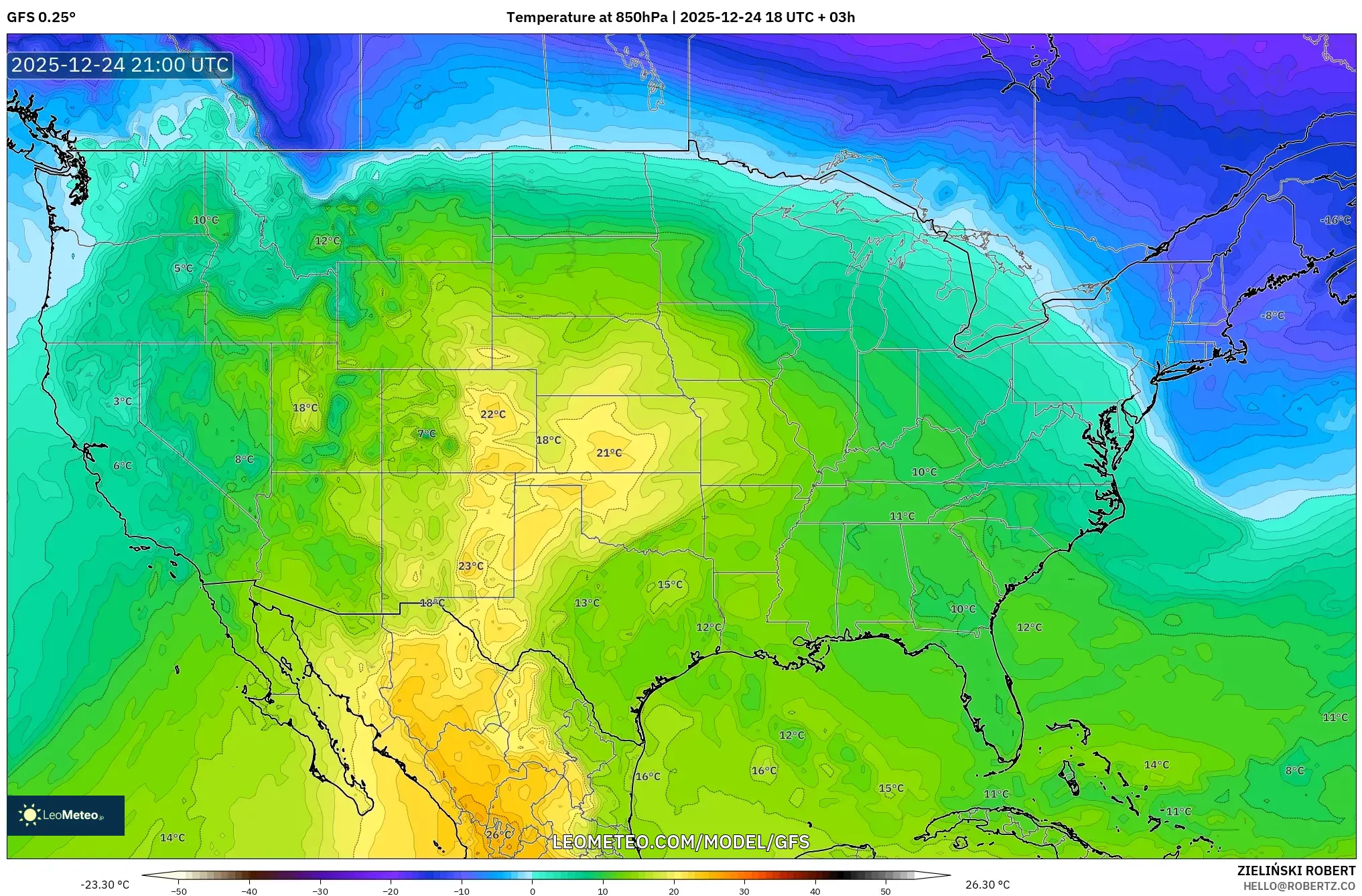 GFS model - United States, Temperature at 850hPa