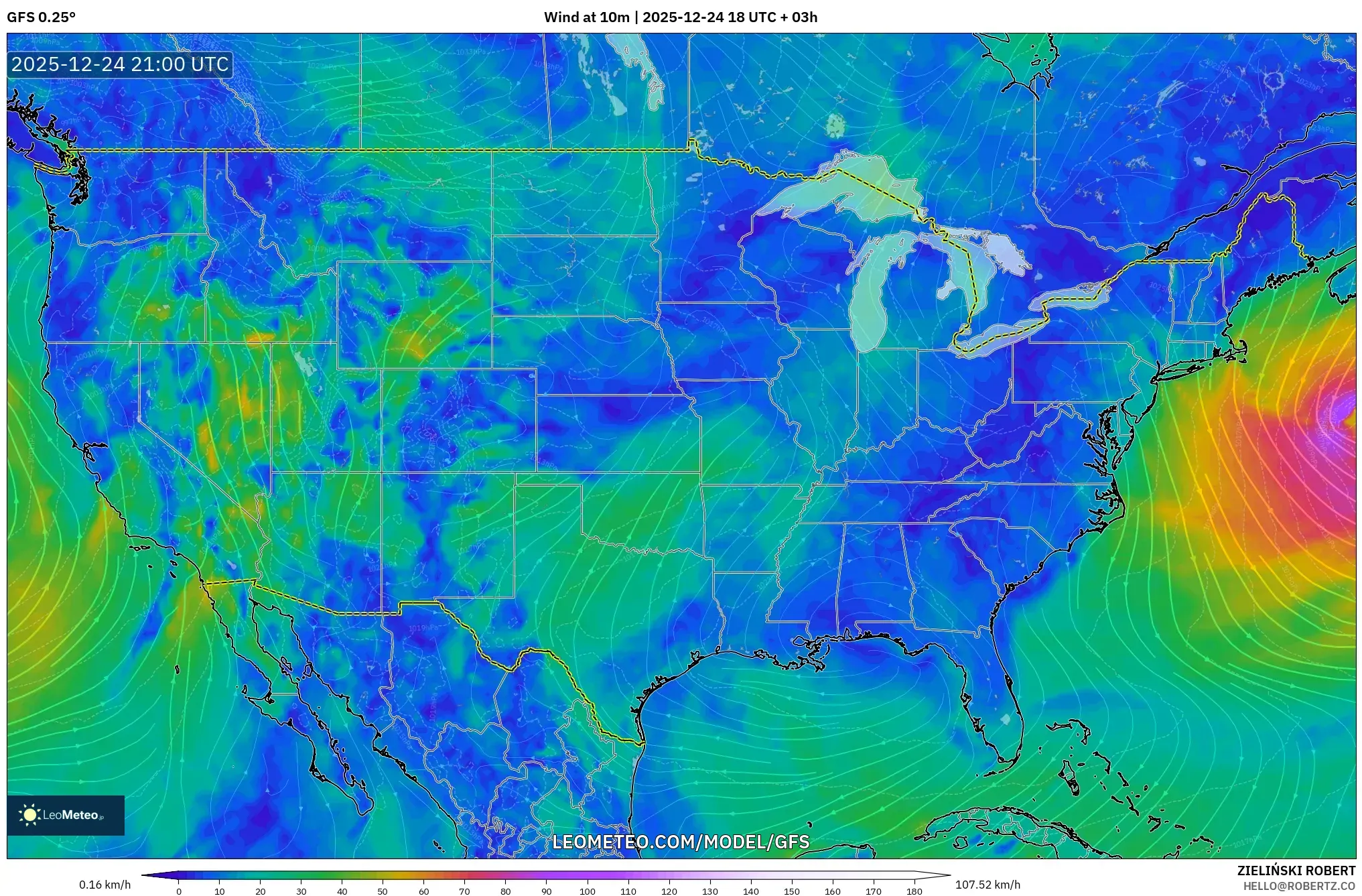 GFS model - United States, Wind at 10m