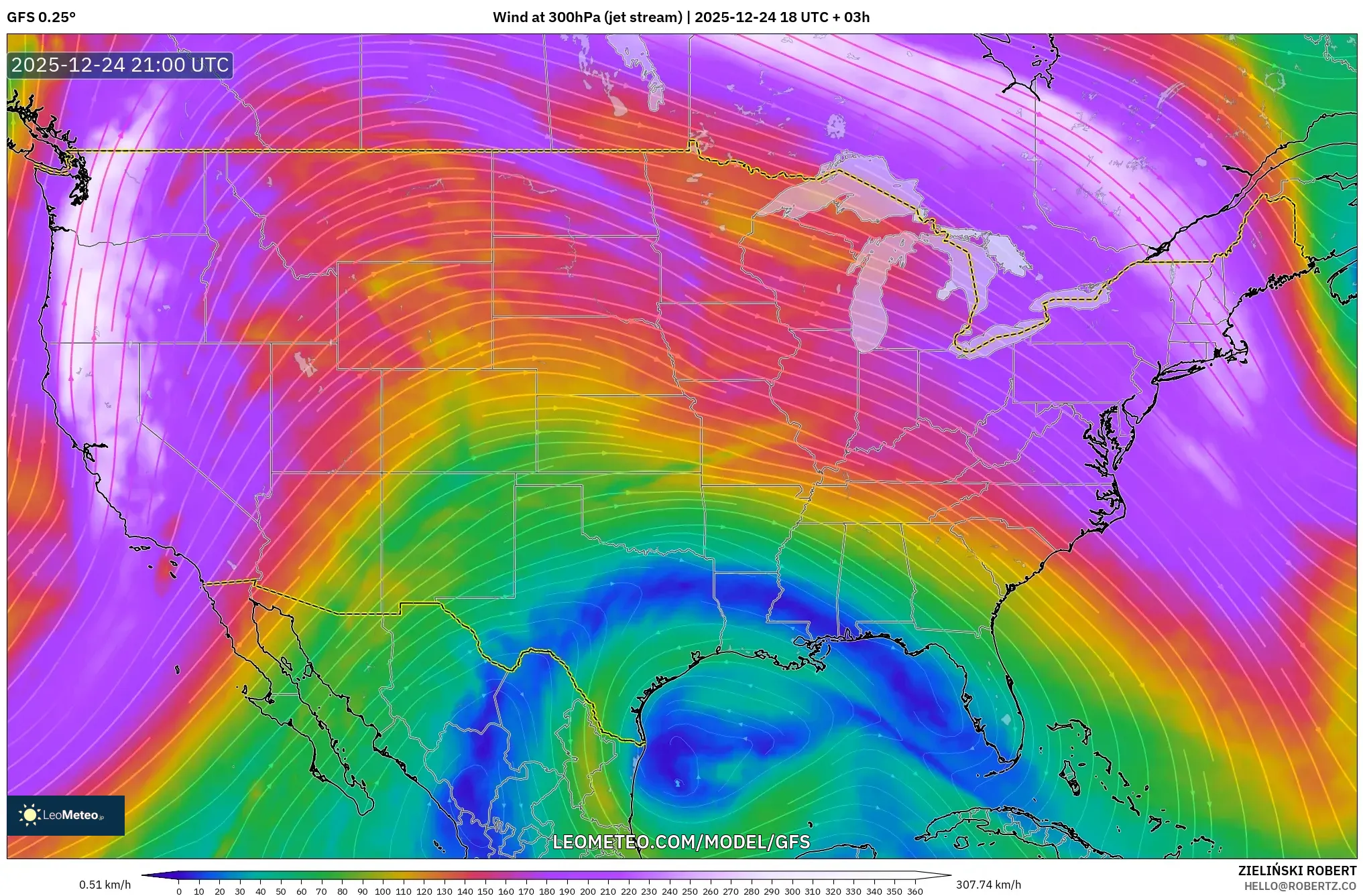 GFS model - United States, Wind at 300hPa (jet stream)