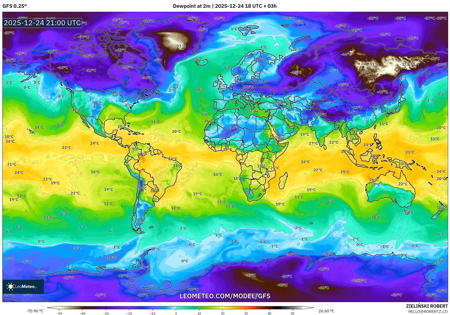 GFS model - World, Dewpoint at 2m