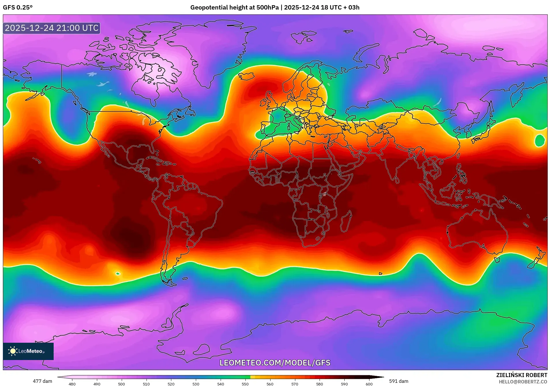 GFS model - World, Geopotential height at 500hPa