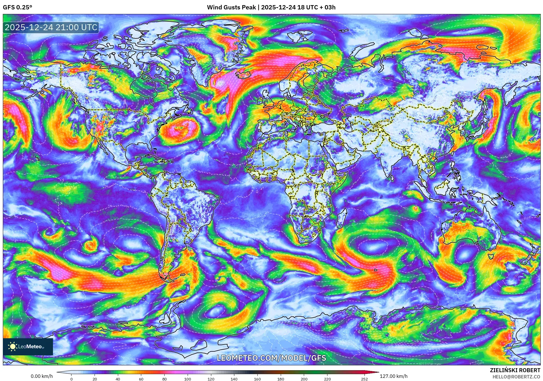 GFS model - World, Wind Gusts Peak