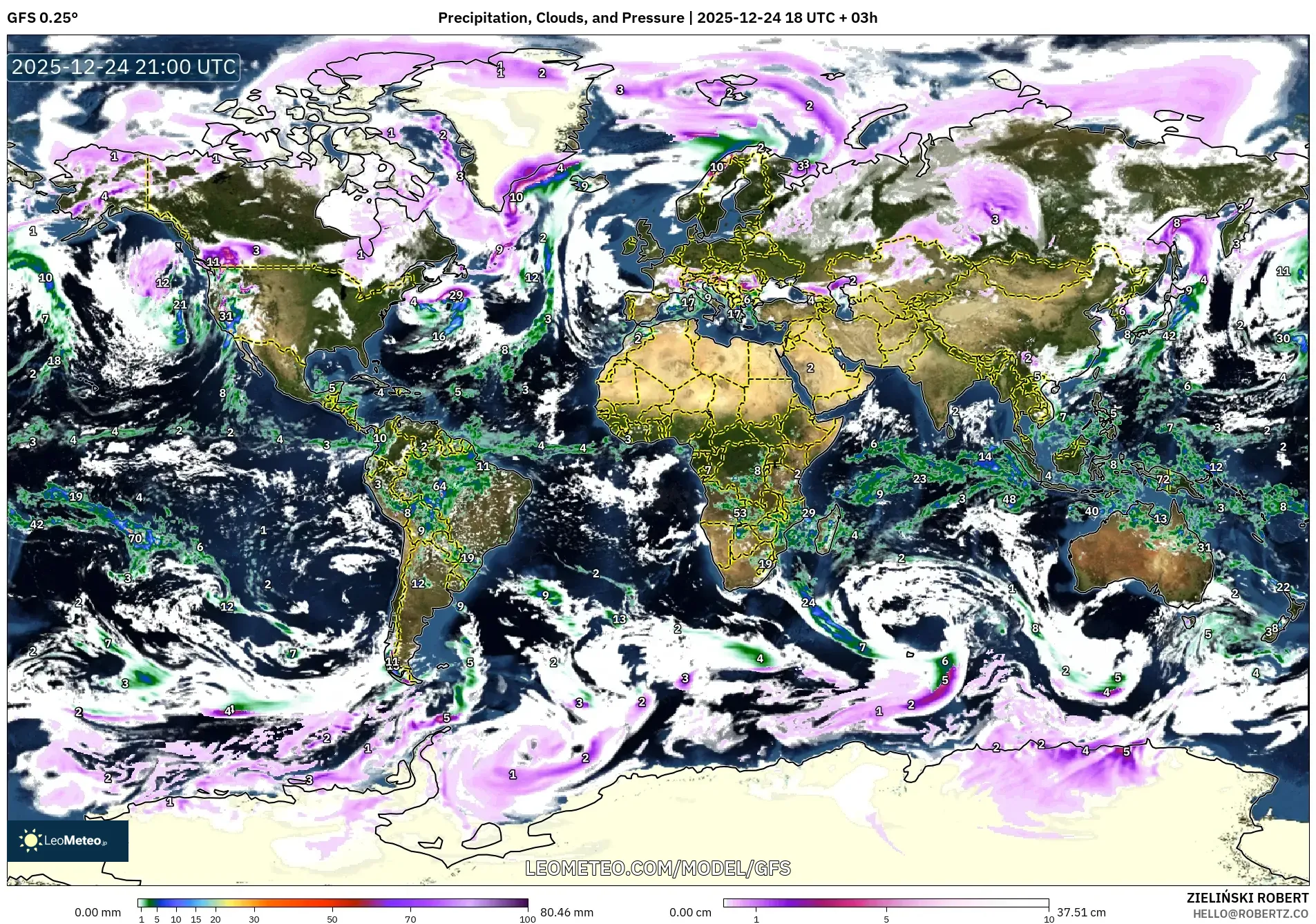 GFS model - World, Precipitation, Clouds, and Pressure