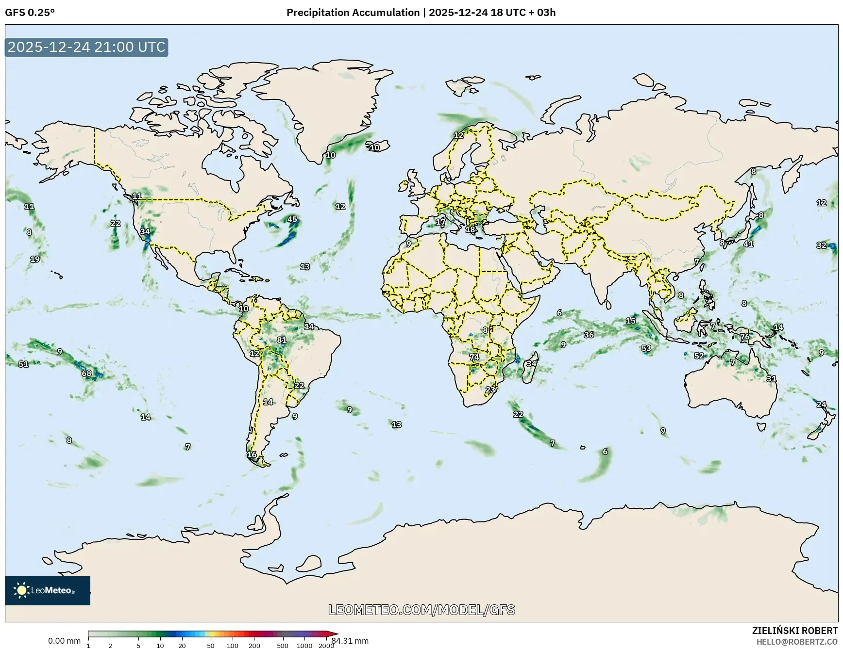 GFS model - World, Precipitation Accumulation