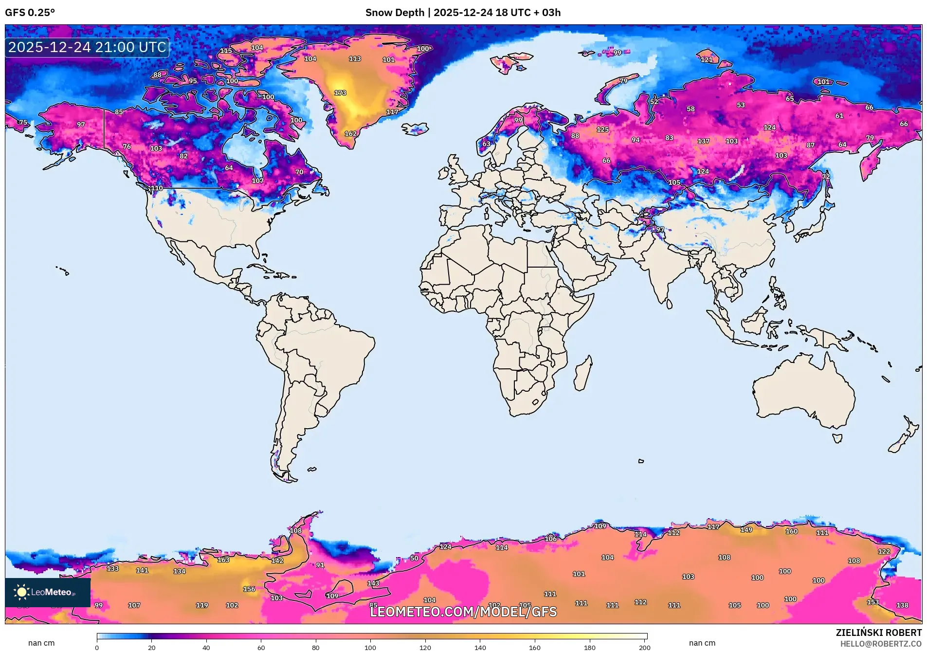 GFS model - World, Snow Depth