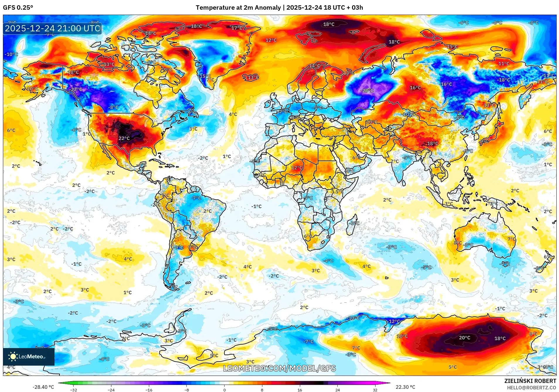 GFS model - World, Temperature at 2m Anomaly