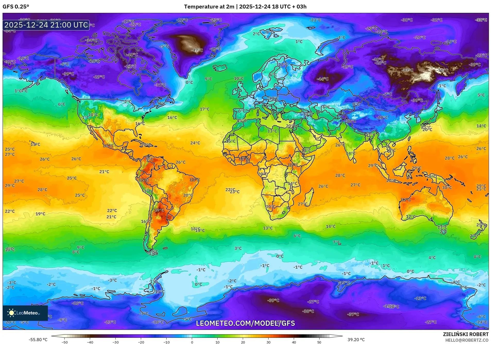 GFS model - World, Temperature at 2m