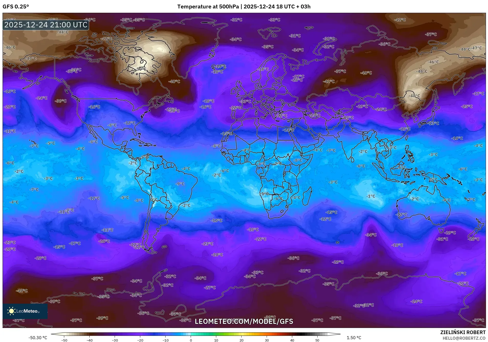 GFS model - World, Temperature at 500hPa