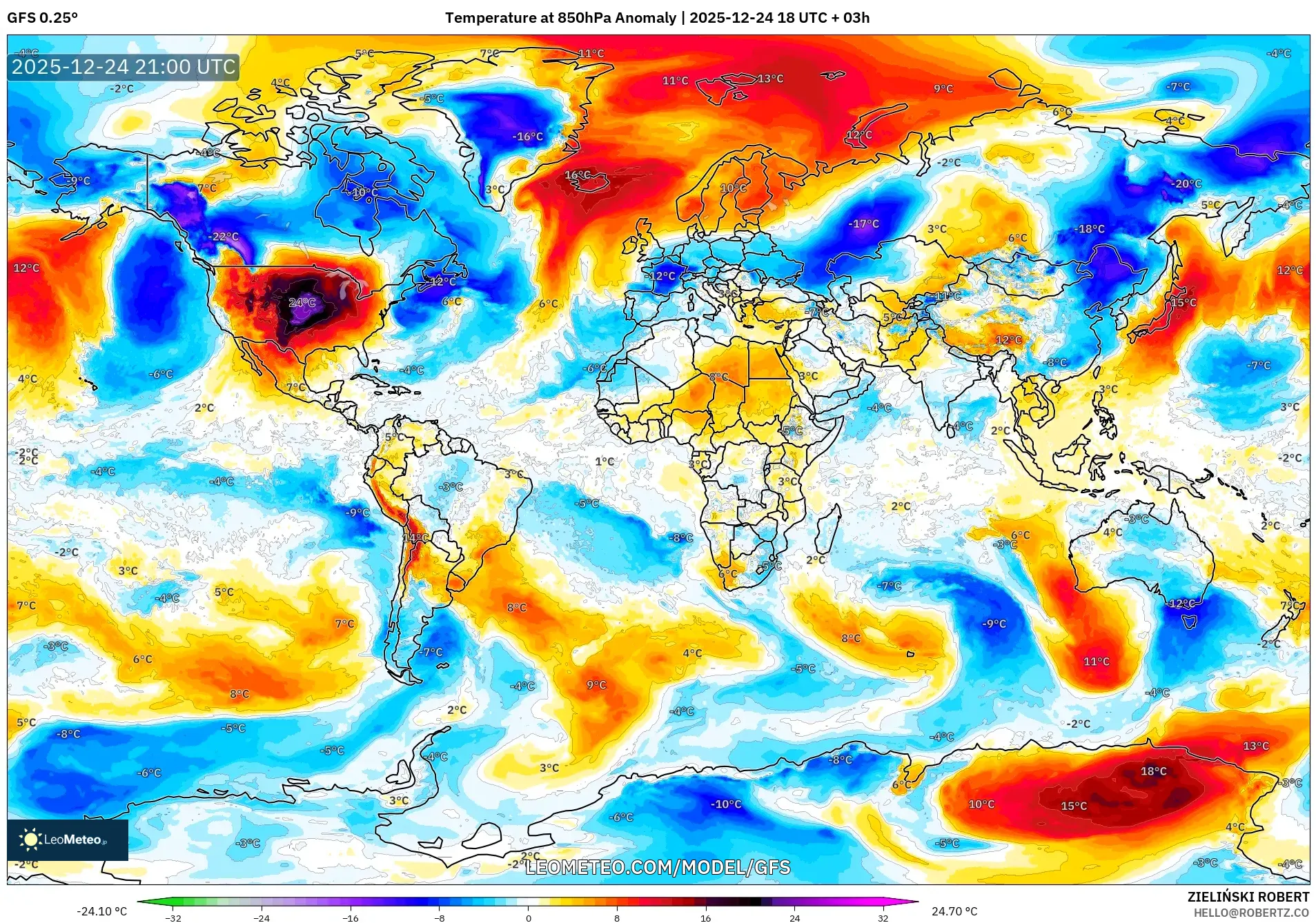 GFS model - World, Temperature at 850hPa Anomaly