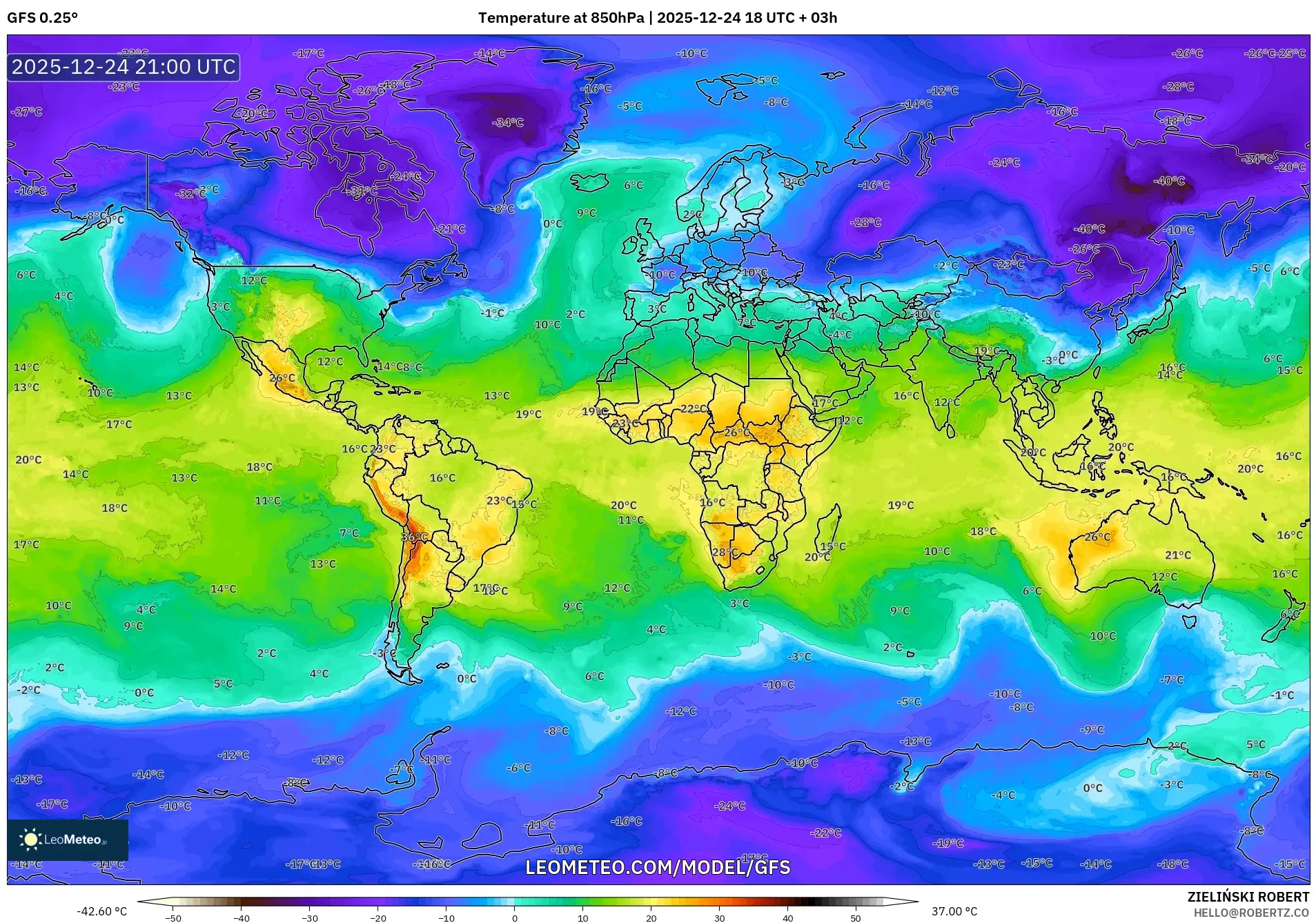 GFS model - World, Temperature at 850hPa