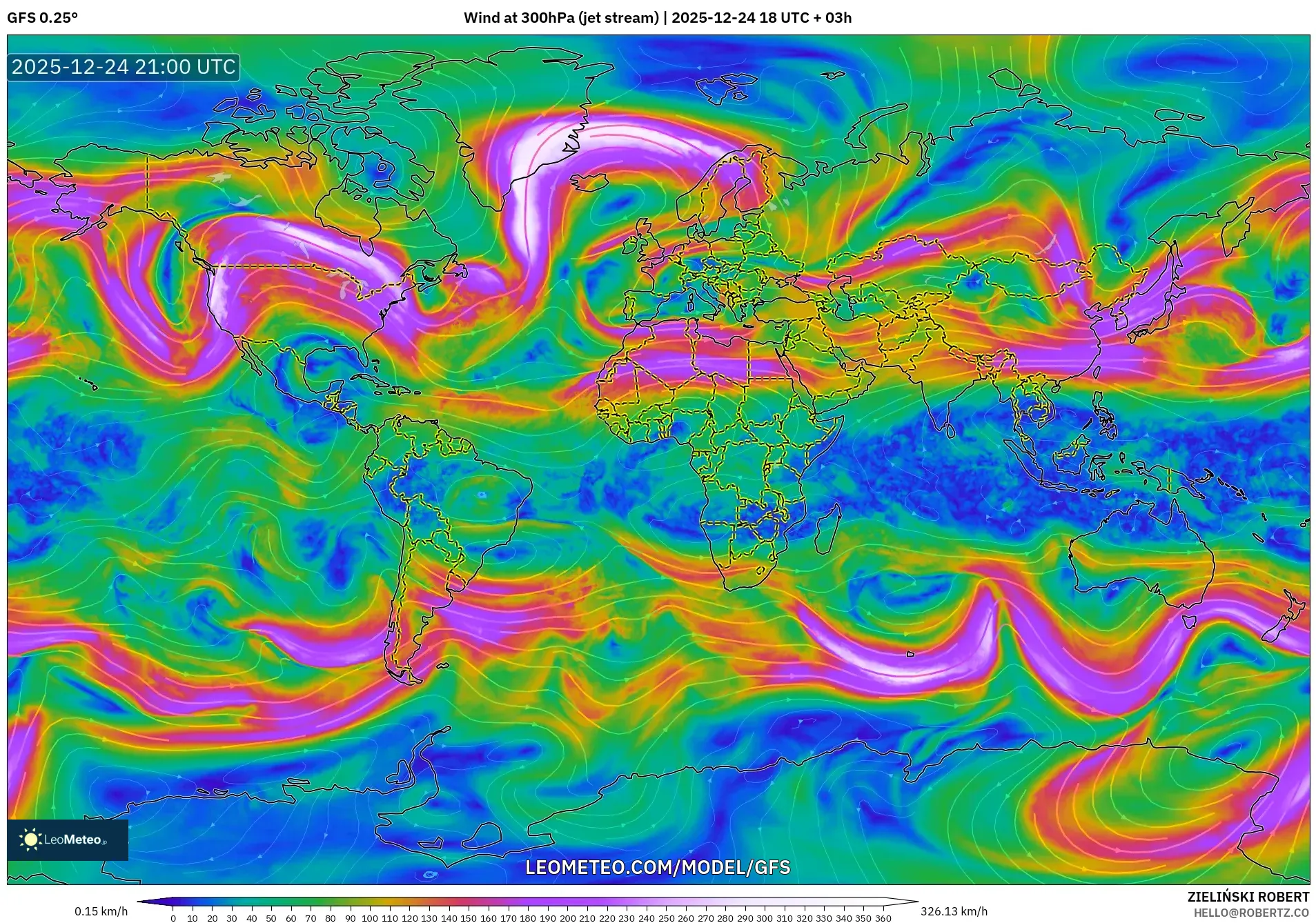 GFS model - World, Wind at 300hPa (jet stream)