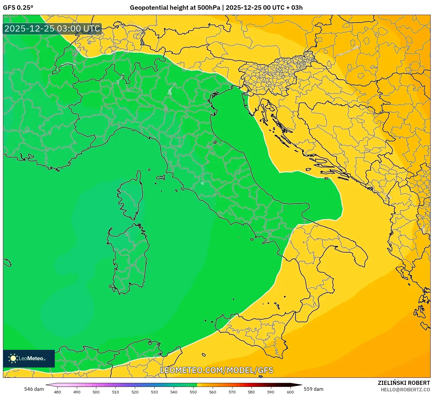 GFS model - Italy, Geopotential height at 500hPa