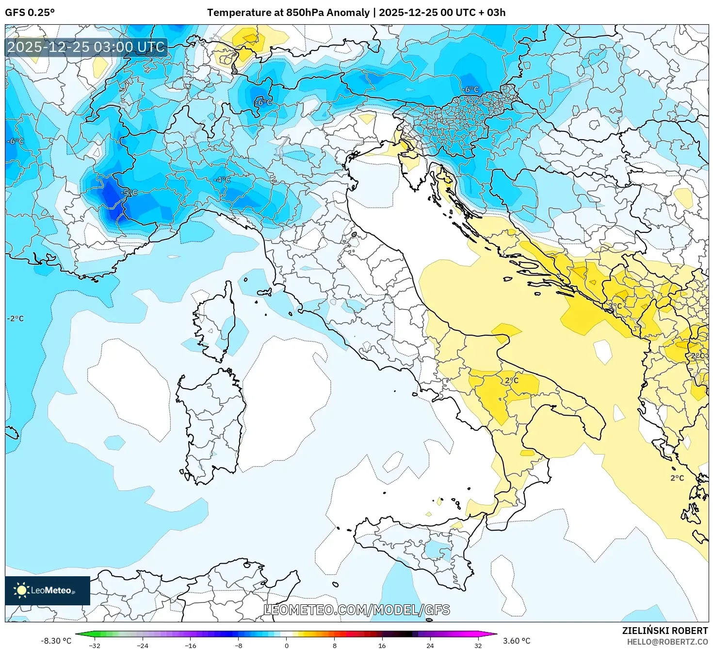 GFS model - Italy, Temperature at 850hPa Anomaly