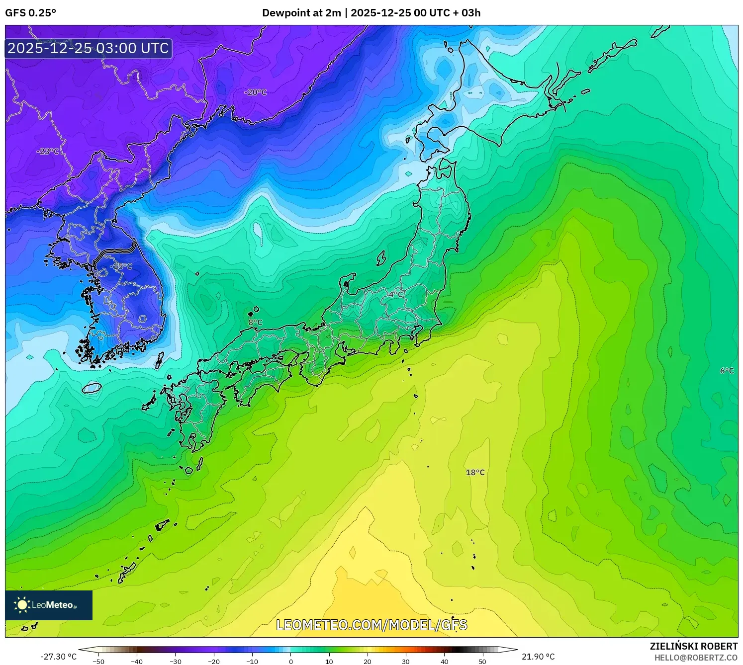 GFS model - Japan, Dewpoint at 2m