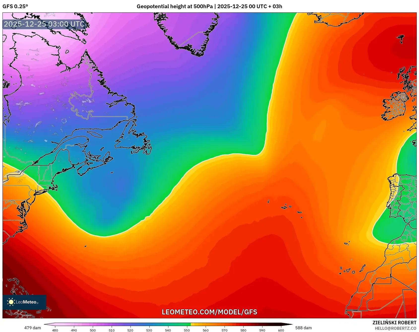 GFS model - North Atlantic, Geopotential height at 500hPa