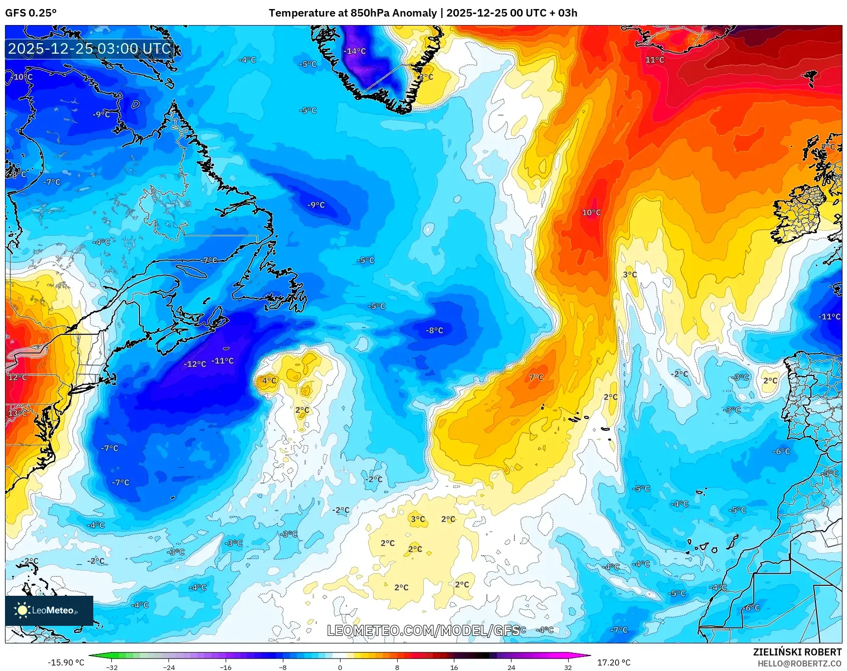 GFS model - North Atlantic, Temperature at 850hPa Anomaly