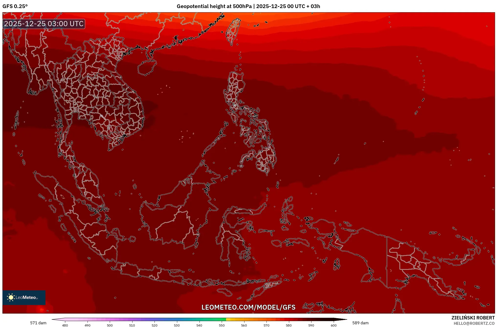GFS model - South East Asia, Geopotential height at 500hPa
