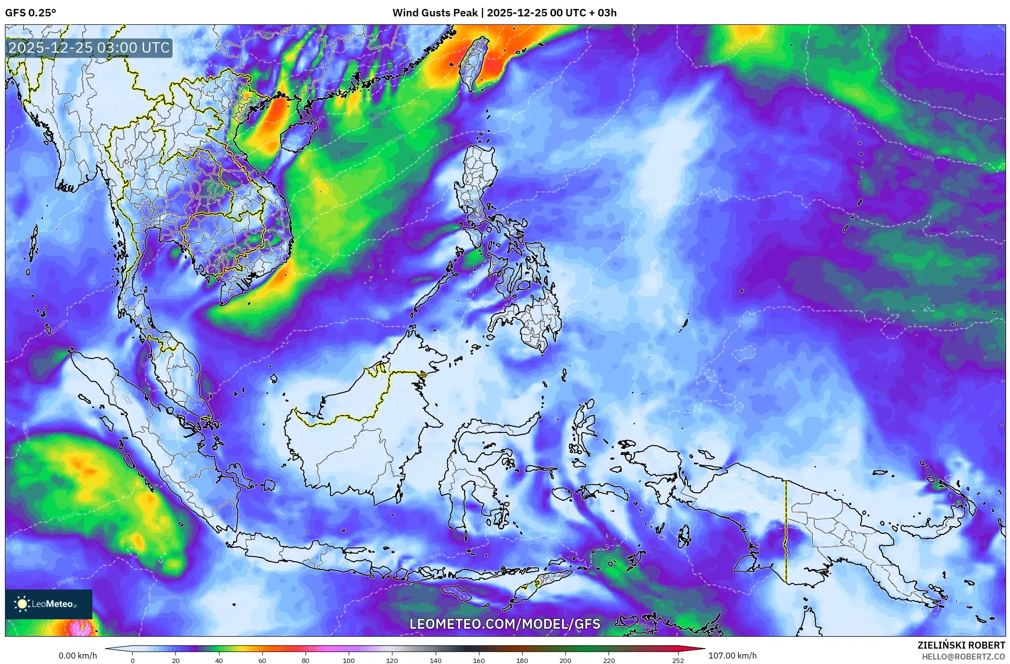 GFS model - South East Asia, Wind Gusts Peak