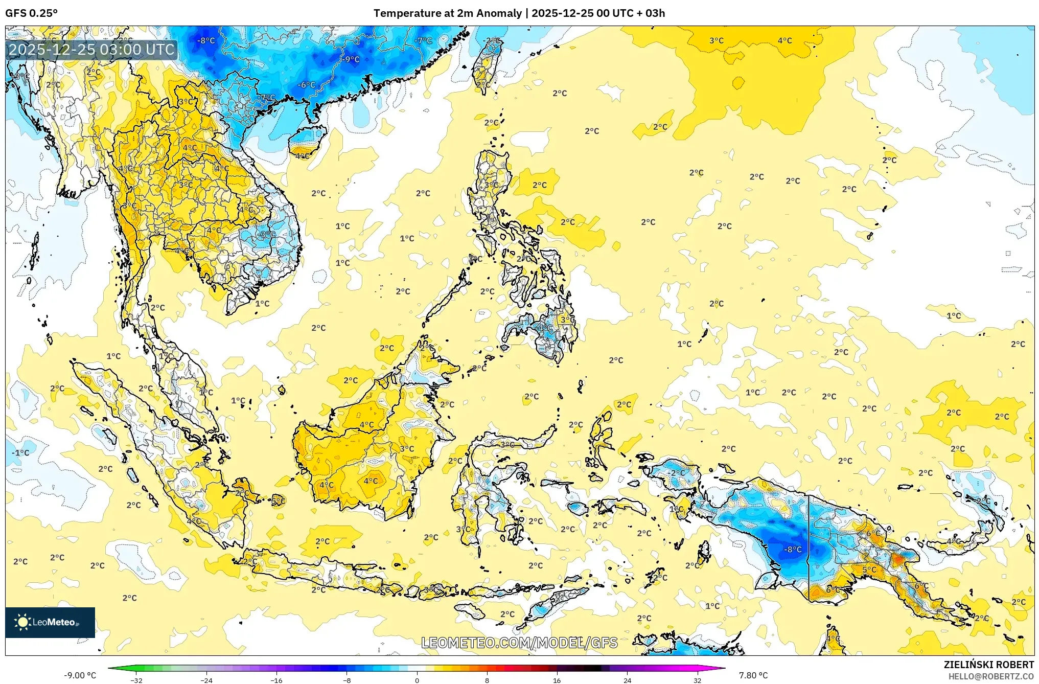 GFS model - South East Asia, Temperature at 2m Anomaly