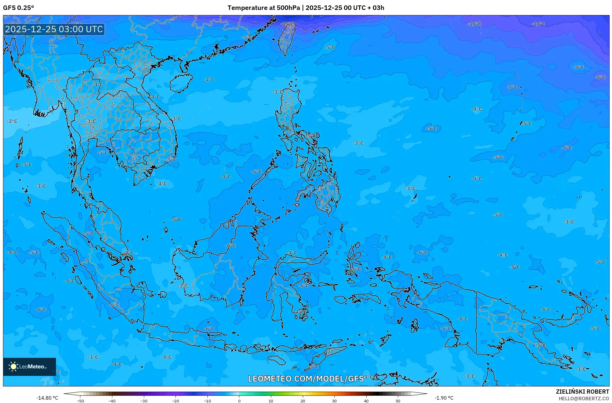 GFS model - South East Asia, Temperature at 500hPa