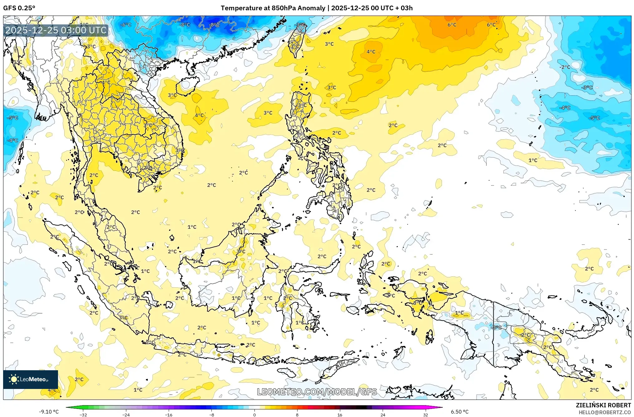 GFS model - South East Asia, Temperature at 850hPa Anomaly