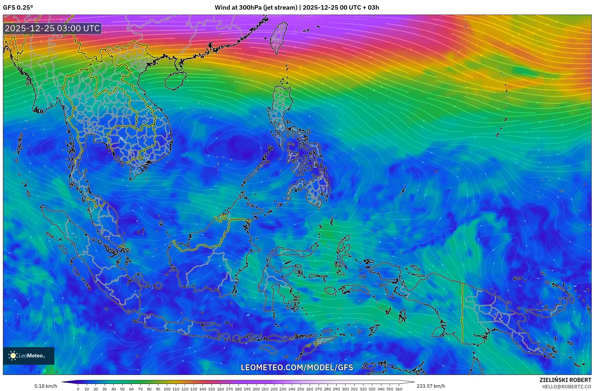 GFS model - South East Asia, Wind at 300hPa (jet stream)