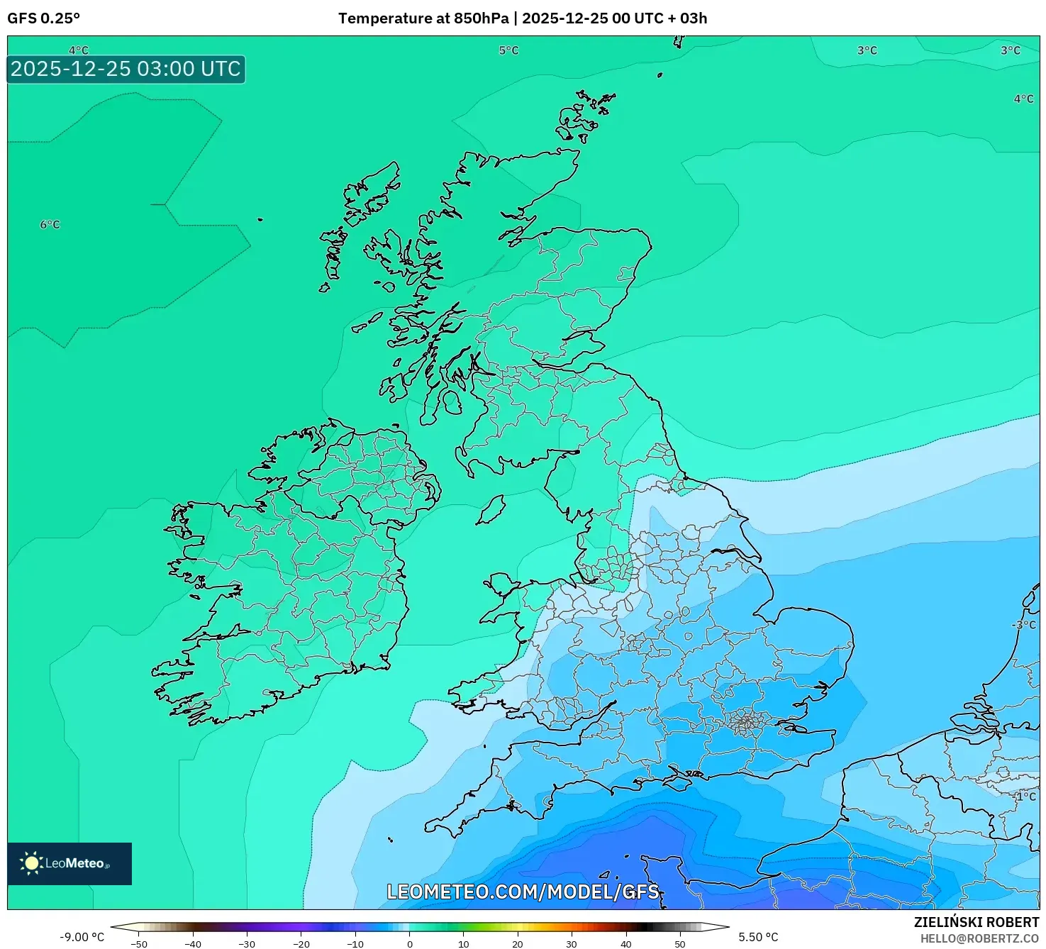 GFS model - United Kingdom, Temperature at 850hPa
