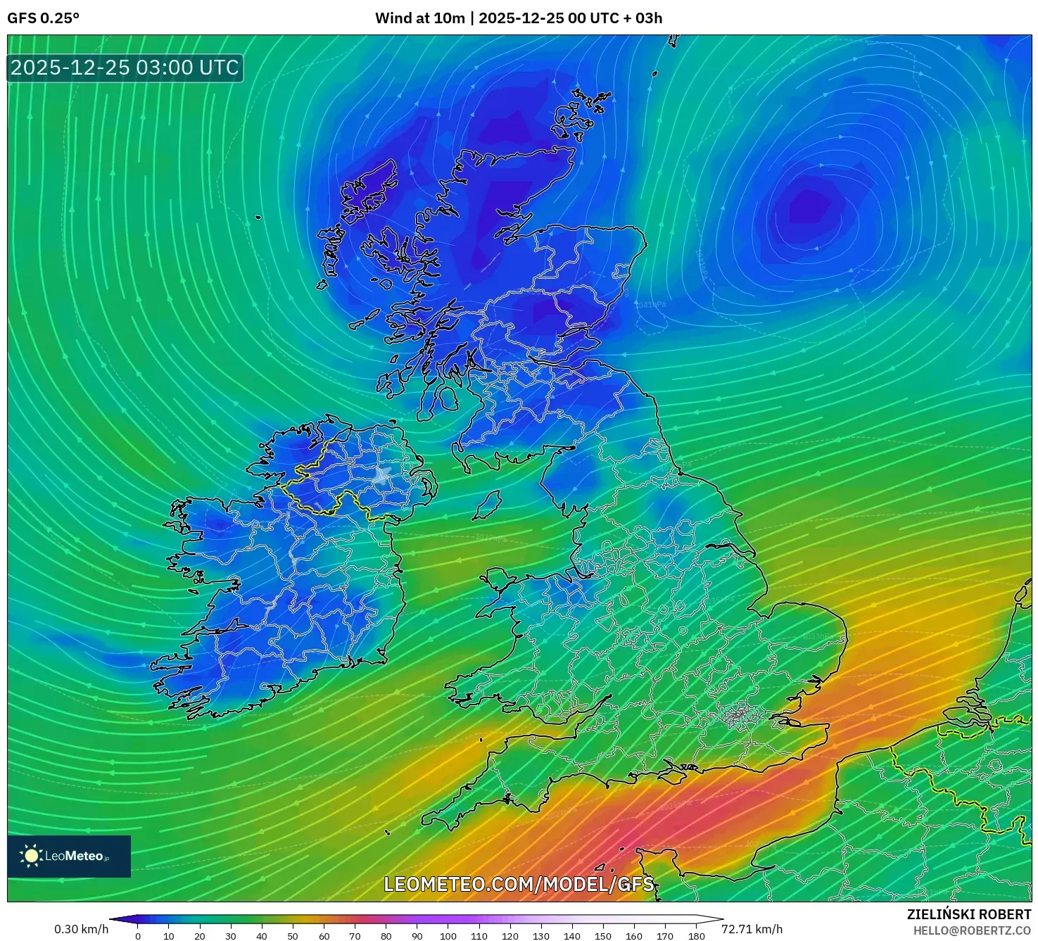 GFS model - United Kingdom, Wind at 10m
