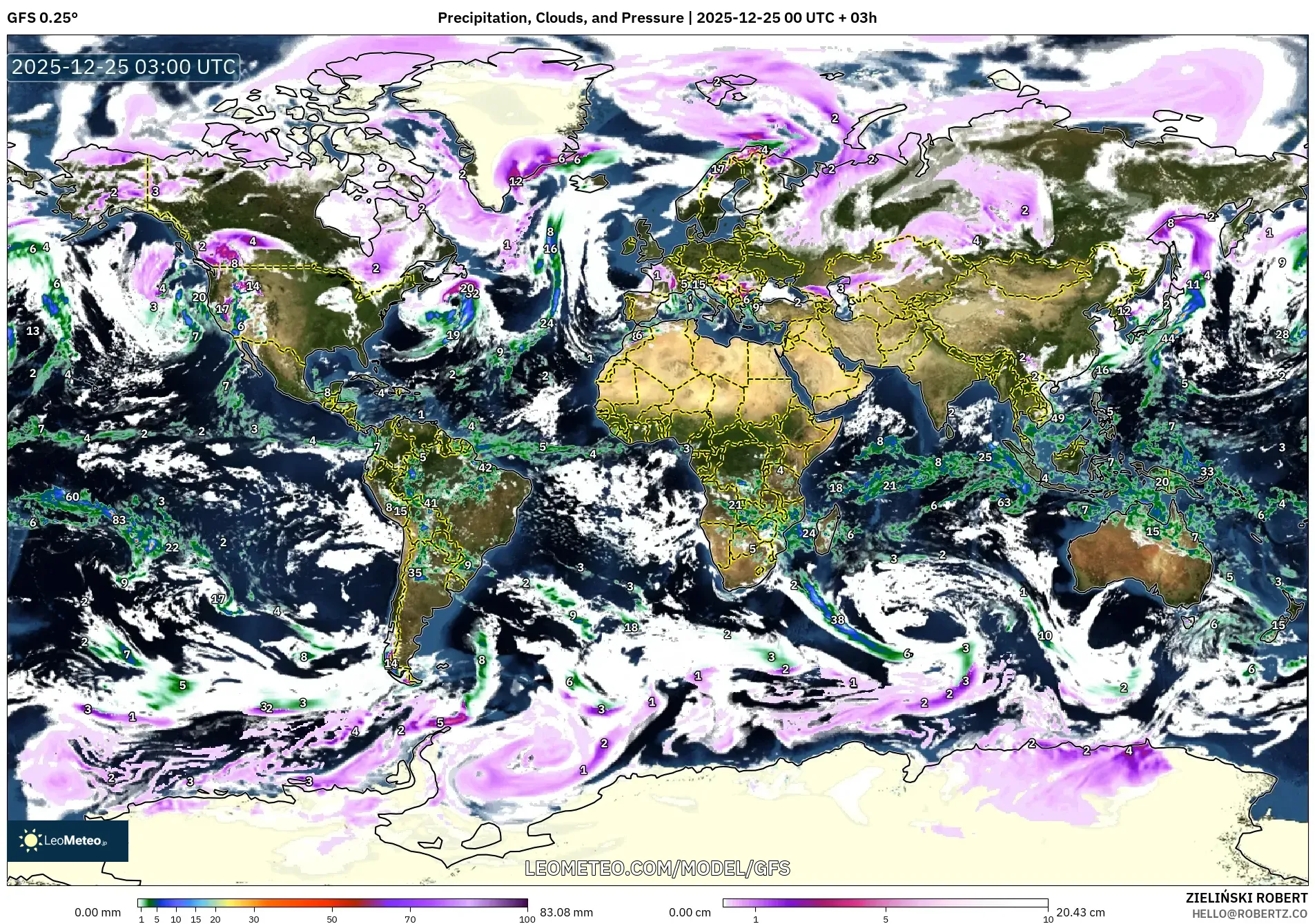 GFS model - World, Precipitation, Clouds, and Pressure