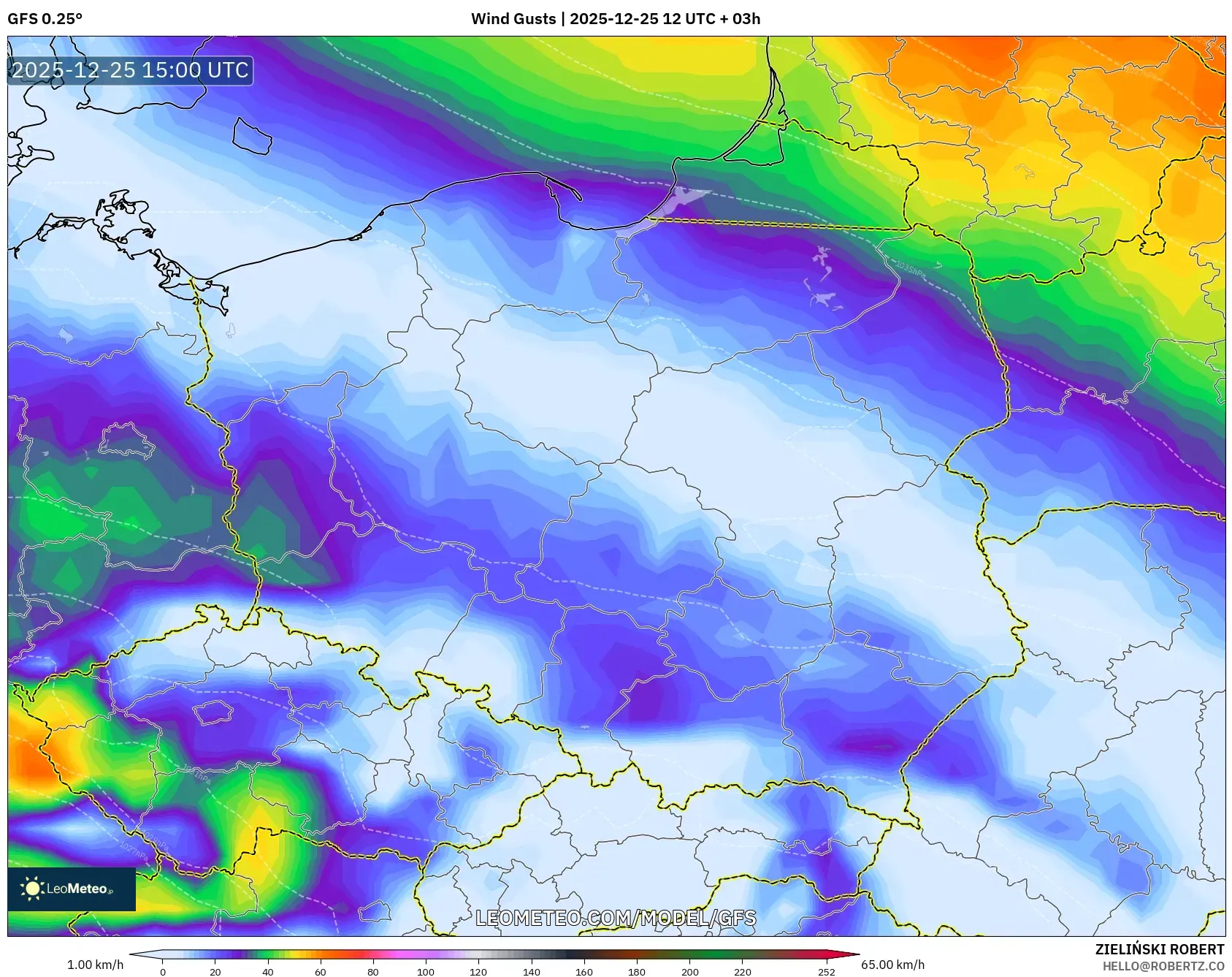 GFS model - Poland, Wind Gusts