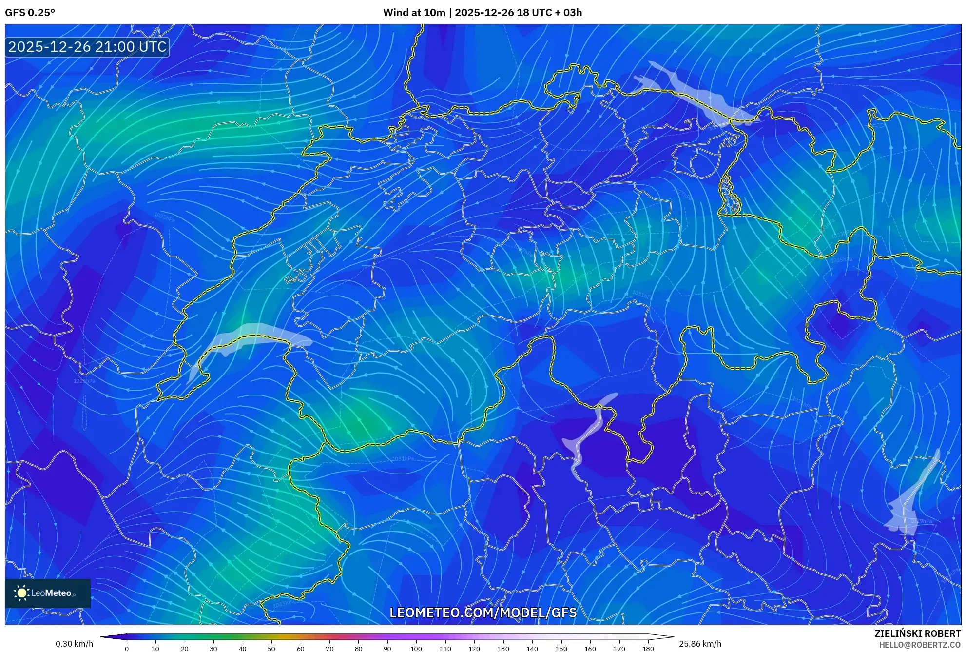GFS model - Switzerland, Wind at 10m