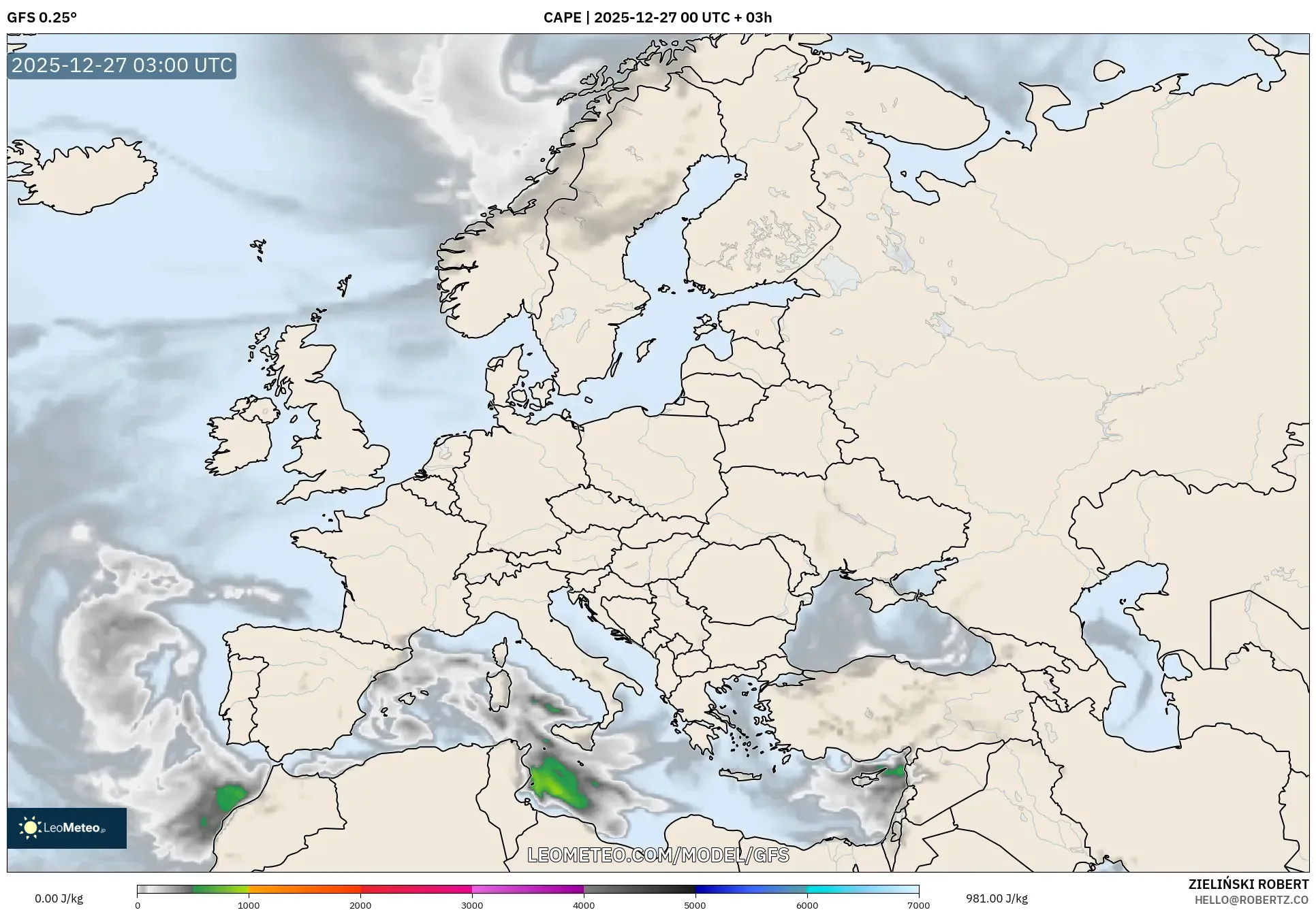 GFS model - Europe, CAPE