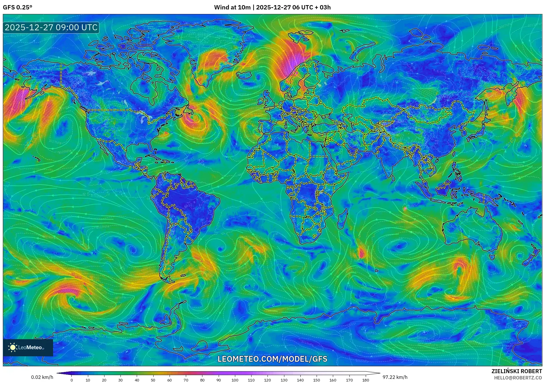 GFS model - World, Wind at 10m