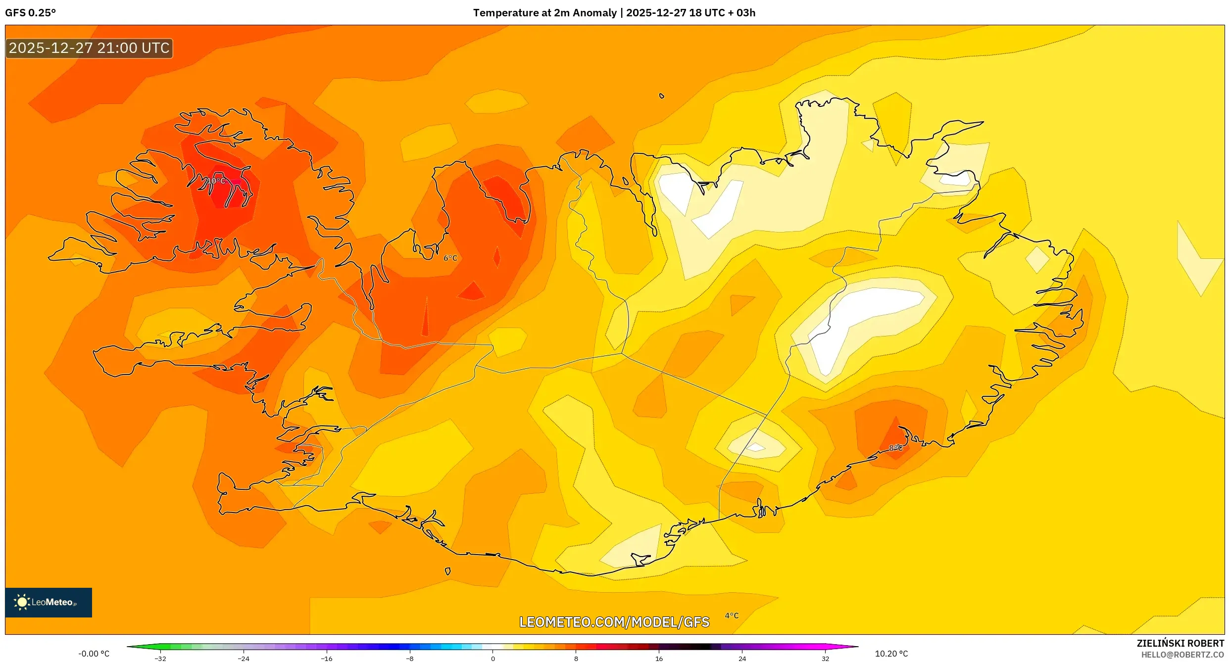 GFS model - Iceland, Temperature at 2m Anomaly